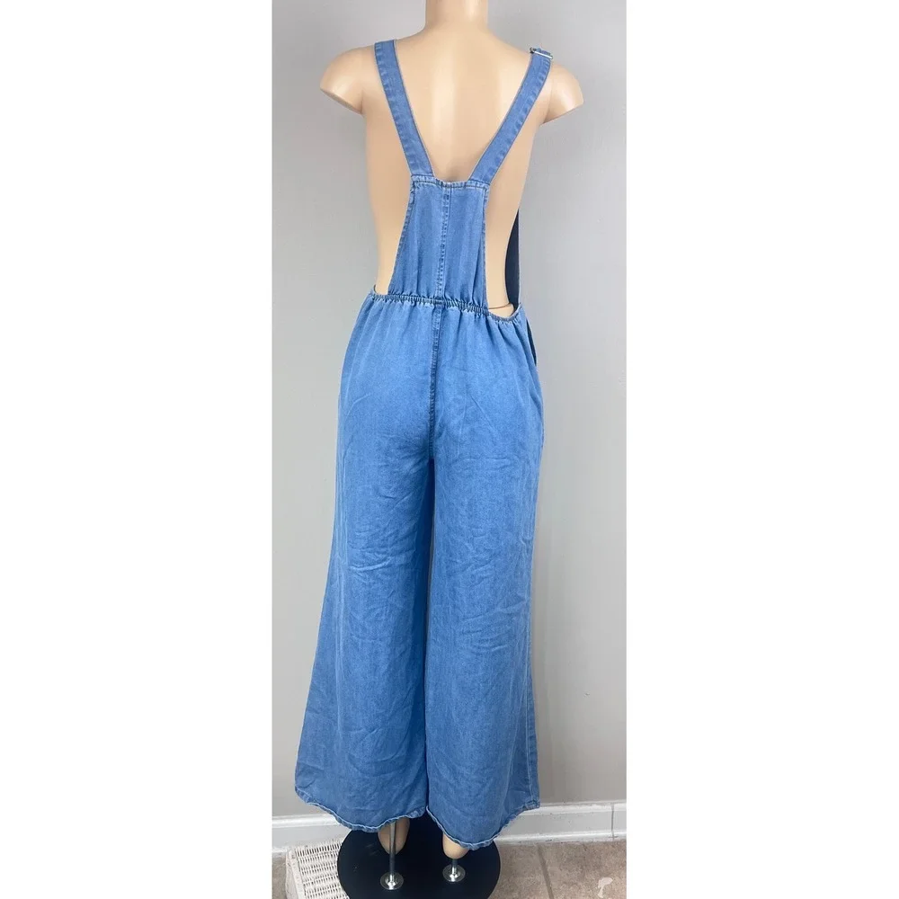 Denim Bib Overalls Women Medium Wide Leg Pleated‎ Blue Wash 90s Retro Boho READ